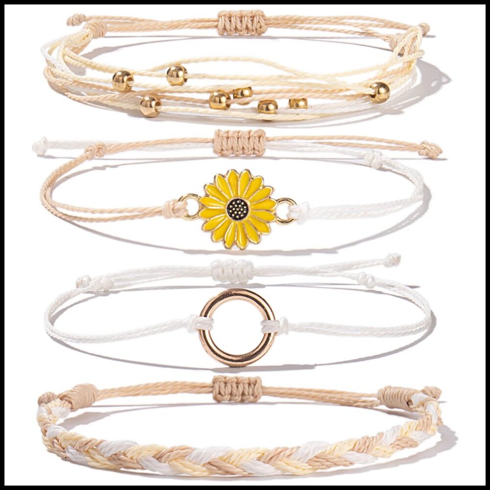 Boho Braided Rope Wrap Bracelets Sunflower String Adjustable Slipknot Summer